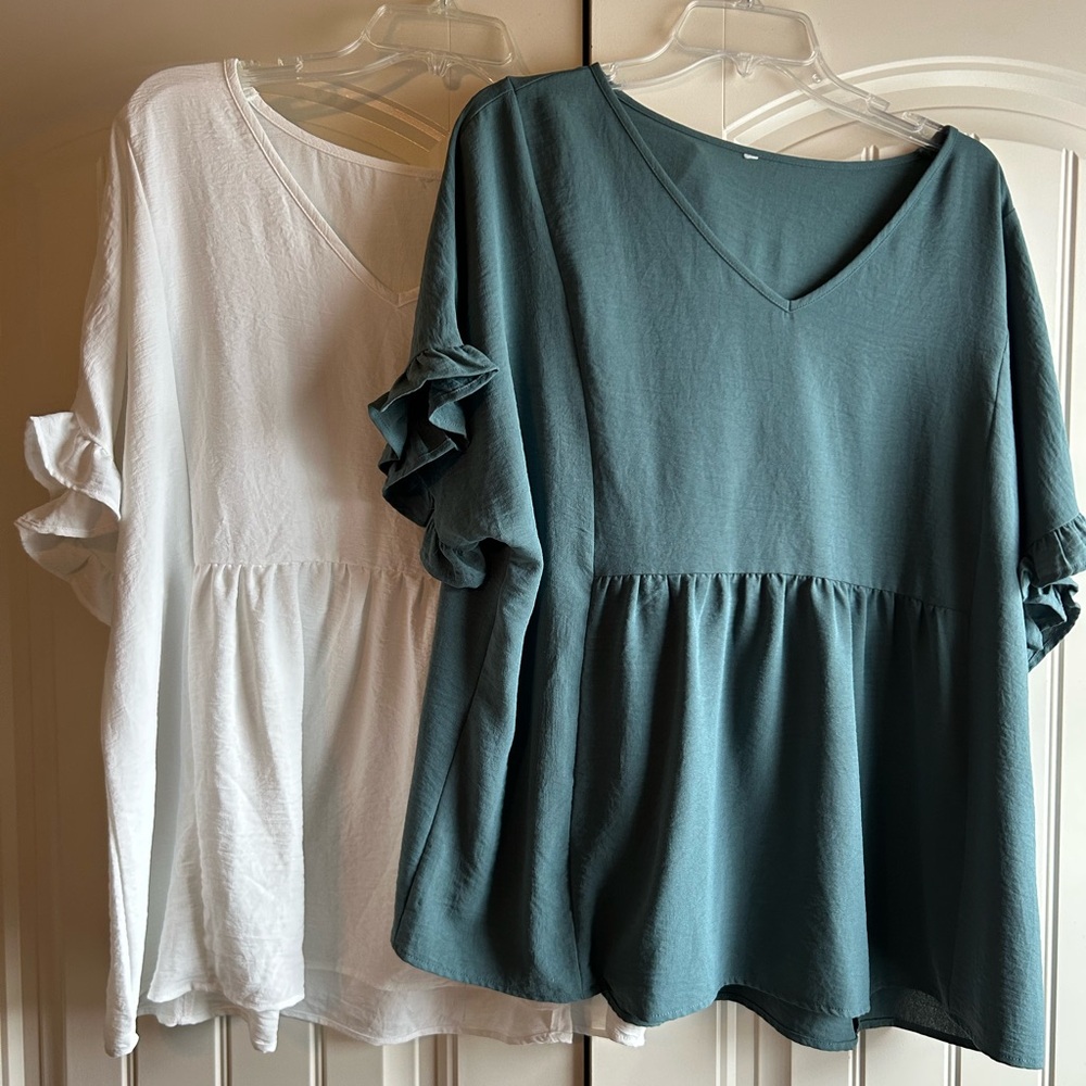 Chic Soul Women's Ruffle Sleeve V-Neck Tops - White and Teal